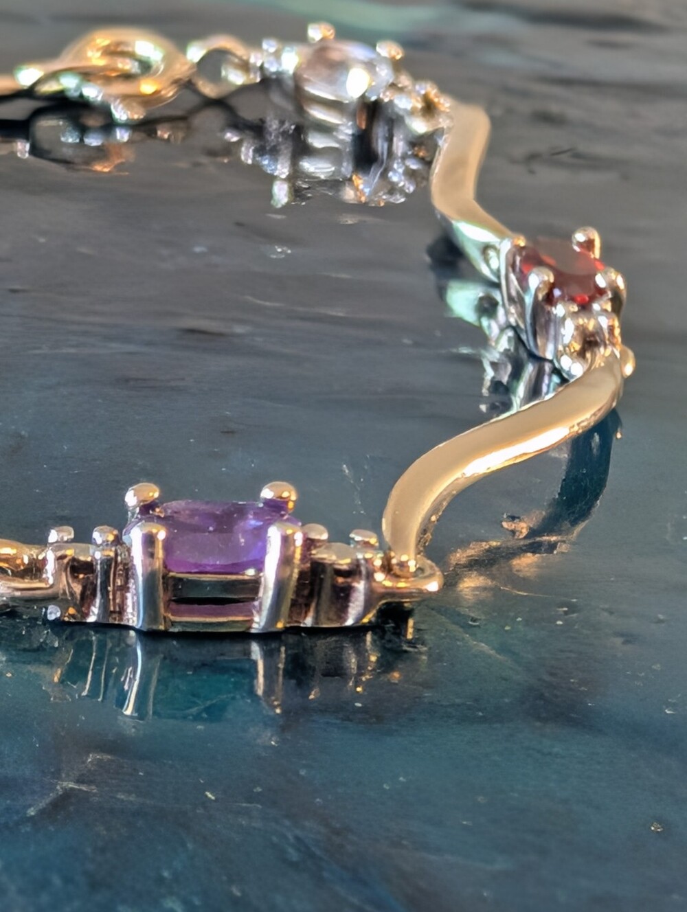 Delicate Multi-Gemstone Gold Plated Sterling Silver Bracelet Topaz Garnet 7.5" - Picture 3 of 16